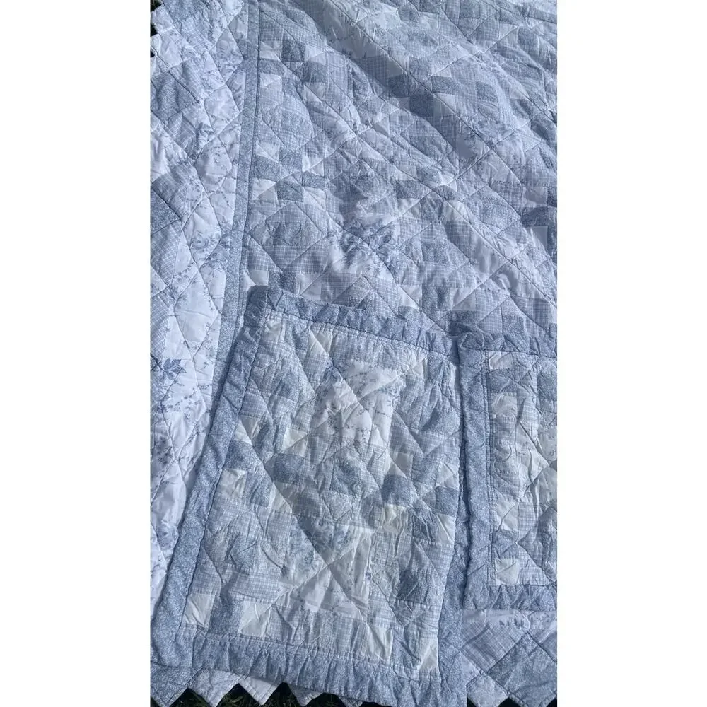 Vintage Laura Ashley Blue White Patchwork Quilt Full Queen 2 Shams 1990s